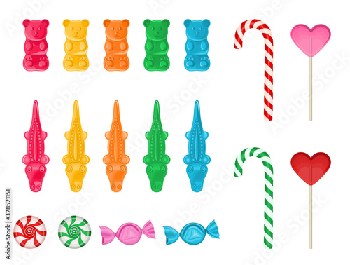 set gummy candies, lollipos, candy canes, and peppermint candies 