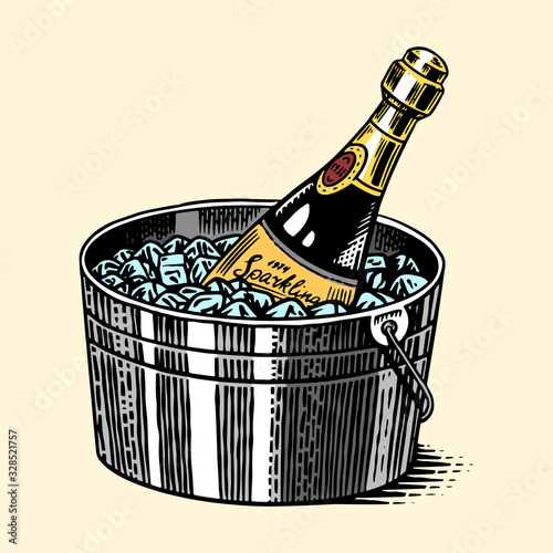 Bottle of champagne in a bucket with ice. Sparkling wine or alcoholic holiday drink. Hand drawn engraved monochrome sketch for banner, badge or poster.