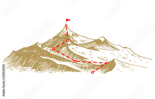 Concept of Goal and route to peak. Business success poster or mission banner. Overcoming obstacles and Career journey path. Mountain peak climbing. Hand drawn engraved monochrome sketch.