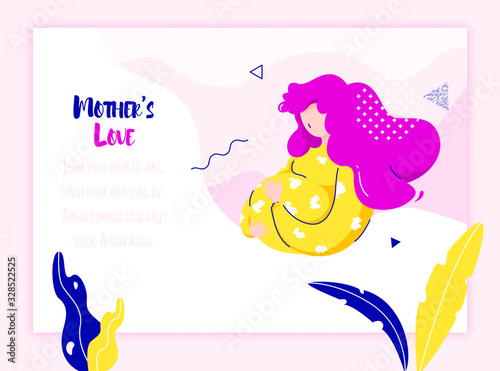 Pregnant woman with plants and geometric elements on pink background. Cartoon card in flat linear style. Vector web page template.