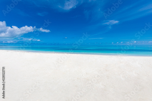 White sand beach and blue sky. Sea sand sky concept. Tropical landscape pattern, horizon and endless sea view as seascape