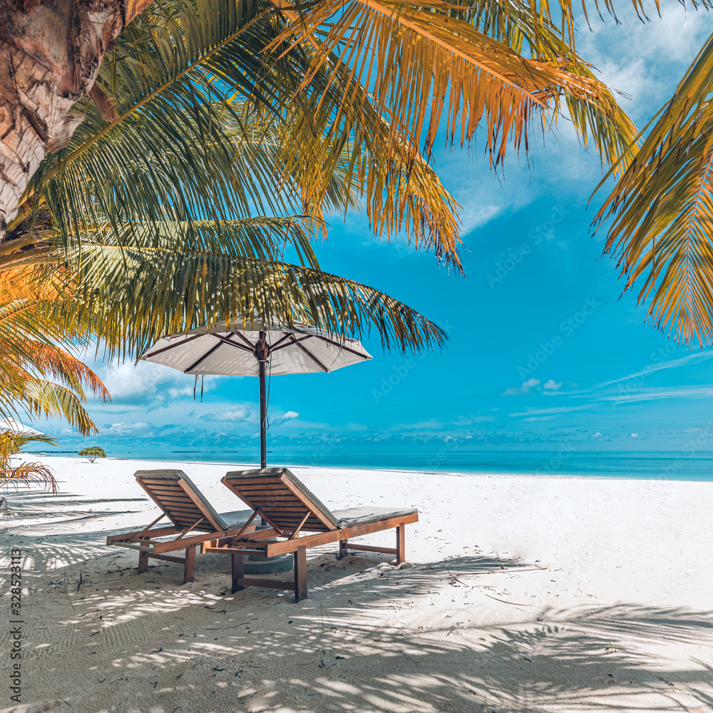 Amazing summer beach, tropical nature scenery with palm leaves and loungers in vintage colors. Tranquil beach view, exotic landscape for summer vacation or travel concept