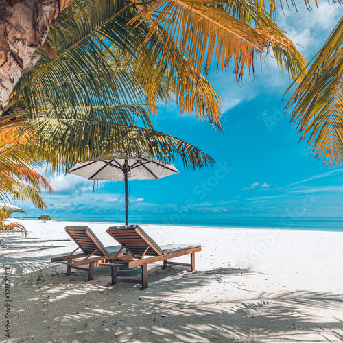 Fototapeta Naklejka Na Ścianę i Meble -  Amazing summer beach, tropical nature scenery with palm leaves and loungers in vintage colors. Tranquil beach view, exotic landscape for summer vacation or travel concept