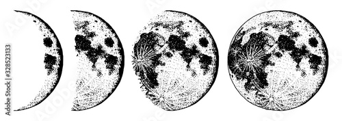 Moon phases planets in solar system. Astrology or astronomical galaxy space. Orbit or circle. Engraved hand drawn in old sketch, vintage style for label.