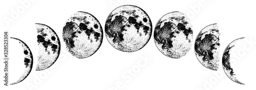 Moon phases planets in solar system. Astrology or astronomical galaxy space. Orbit or circle. Engraved hand drawn in old sketch, vintage style for label.
