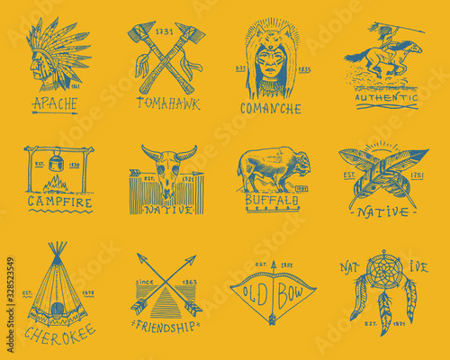 Indian badges and native american labels. Set of elements. Hand drawn engraved vintage buffalo, axes and tent, arrows and bow, skull, dreamcatcher and cherokee, tomahawk.