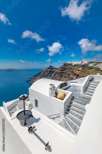 Wonderful views, Santorini, Greece. Luxury summer vacation background, honeymoon travel destination. White architecture over Santorini, tranquil caldera views
