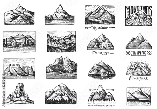 Mountain peaks badges. Set of labels for camping, hiking and hunting. Retro Outdoor adventures logo. Hand drawn engraved vintage old sketch. Collection of landscape .