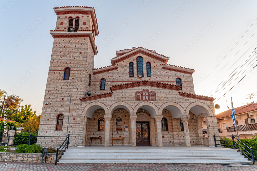 Kallithea, Greece - September 04,2019: Orthodox Church (in greek:ΑΓΙΟΣ ΠΑΝΤΕΛΕΗΜΩΝ) in Kallithea, Halkidiki.