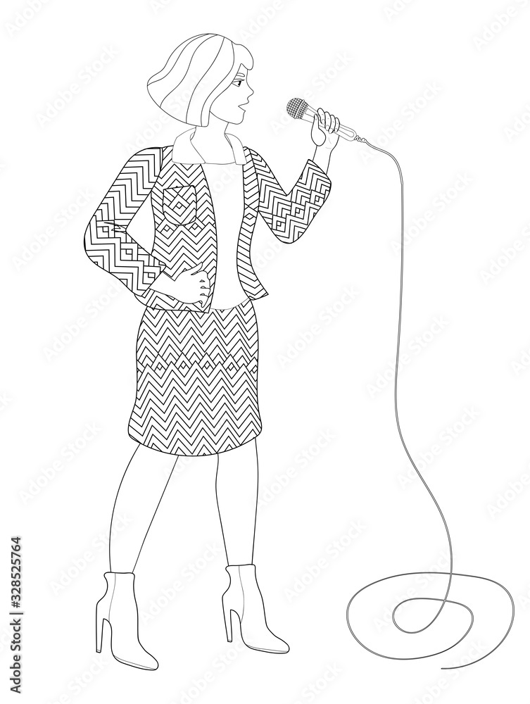 a girl in a beautiful suit with a microphone in her hand. in full growth. agitator. singer. actress. lecturer. a female speaker. performs from the stage. businesswoman in high heels. black and white a girl in a beautiful suit with a microphone in her hand. in full growth. agitator. singer. actress. lecturer. a female speaker. performs from the stage. businesswoman in high heels. black and white