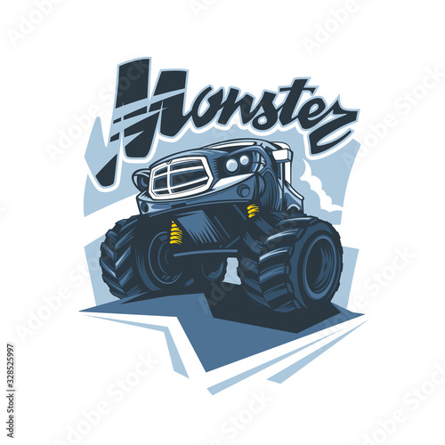Monster truck logo in hand drawing style. Vector graphics.