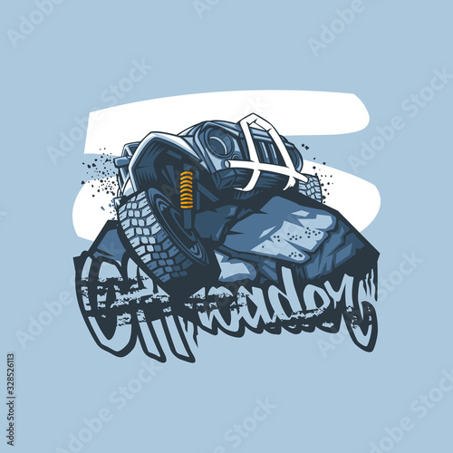 Logo with SUV on top of the mountain with the inscription Offroader on a blue background.