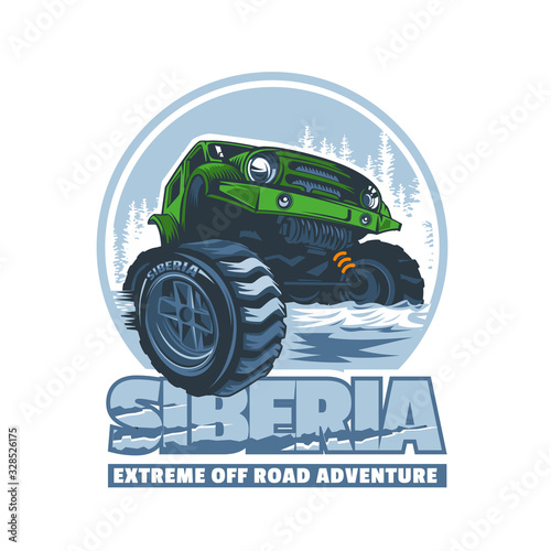 Off-road vehicle passing difficult obstacles in Siberia. Logo in vector.