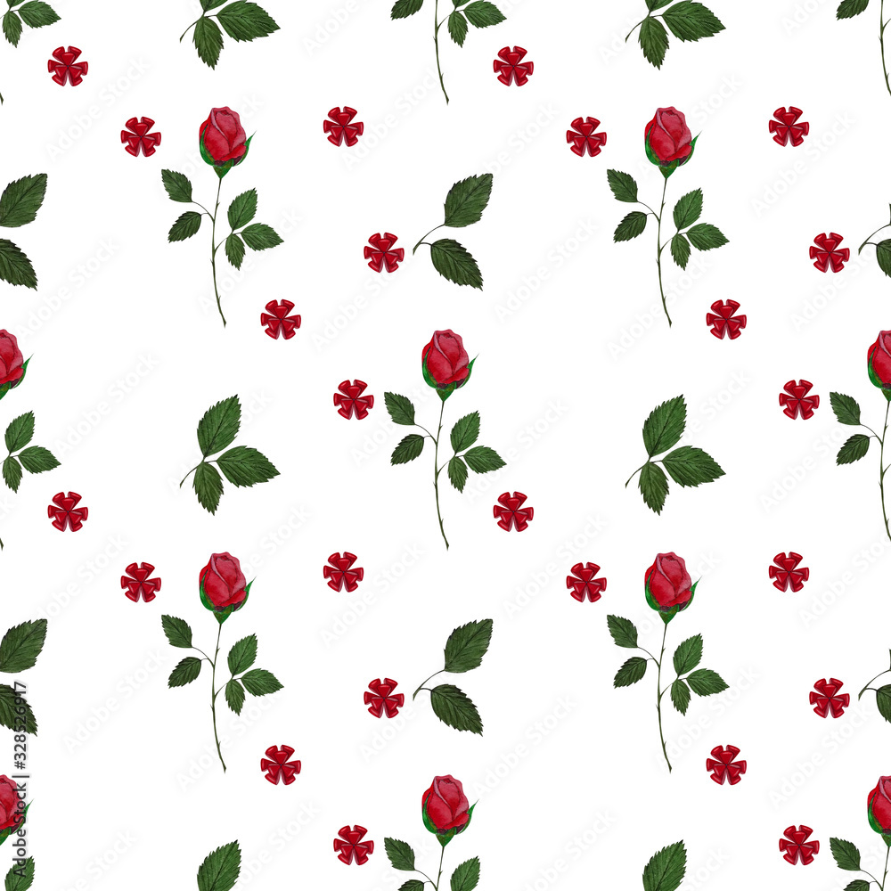 Watercolor seamless pattern with sprigs of red roses and red bows.On white background.For wrapping paper, fabrics,textiles and clothing, wallpaper,cards and other design projects.