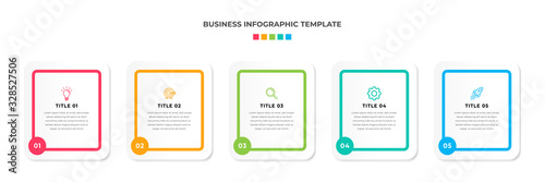 Modern Minimalist Business Infographic template square shape. 5 steps / option timeline with icons. For presentation, process, diagram, workflow, chart, web. Vector with red, blue, green, orange color