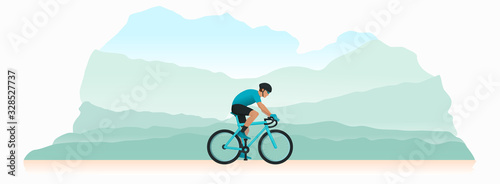 A Young man in helmet is cycling a bicycle. Sports activity. Athlete is riding a bike on a sunny day. Vector flat style illustration  photo