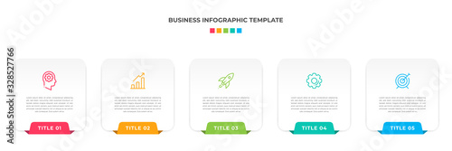 Modern Minimalist Business Infographic template square shape. 5 steps / option timeline with icons. For presentation, process, diagram, workflow, chart, web. Vector with red, blue, green, orange color