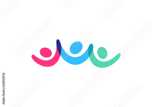 Team vector icon, people hold hand and raise their hands up, victory and support symbol, abstract colorful logo template on white background