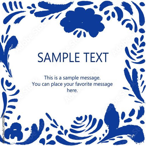 Flower frame in Russian folk style Gzhel. Blue and white floral ornament in scandinavian style. Card template with place for text. Vector hand drawn illustration.