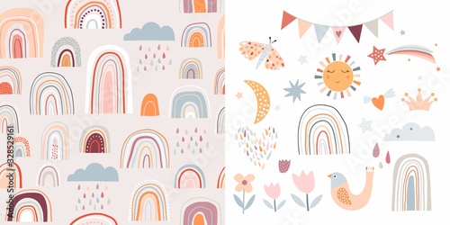 Childish set with rainbows  seamless pattern and cute elements  decorative design  pastel colors