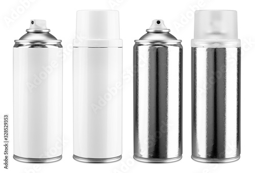 Paint spray aluminum silver bottles with white blank copy space label and without. Coating can set collection isolated white background