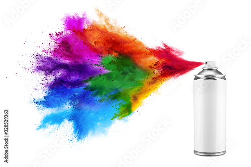 spray can spraying colorful rainbow holi paint color powder explosion isolated white background. Industry diy paintjob graffiti concept. photo