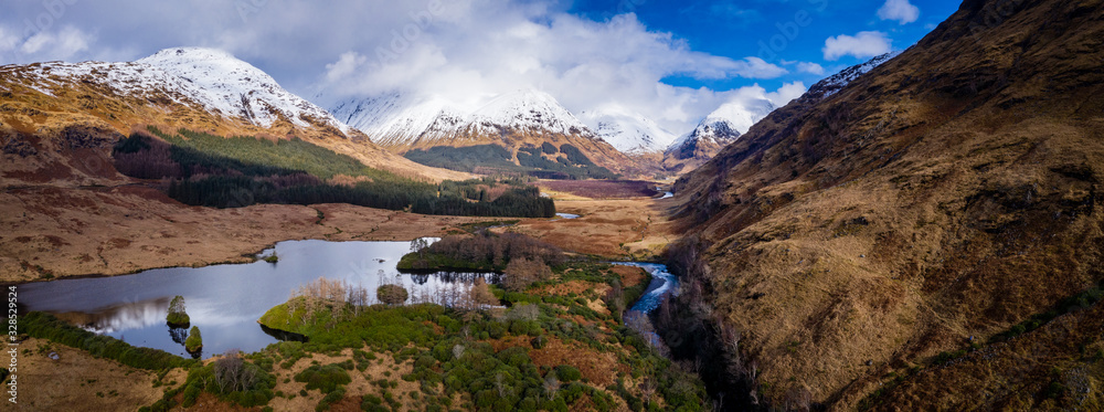 aerial drone shot of glen etive in the argyll region of the highlands of scotland showing loch etive and the entrance to glencoe
