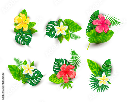 Tropical exotic leaves, hibiscus and plumeria flowers, vector illustration isolated on white background. Design elements for poster, web, flyers, invitation, postcard, t-shirt, SPA, sticker.