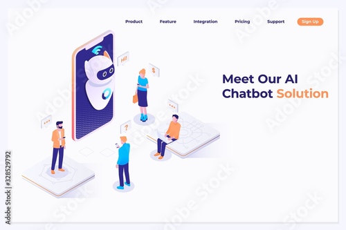 Mans and women chatting with chatbot application. AI and business IOT concept. Vector isometric illustration
