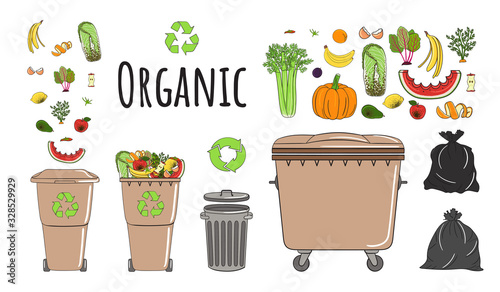 Set of garbage cans with organic garbage