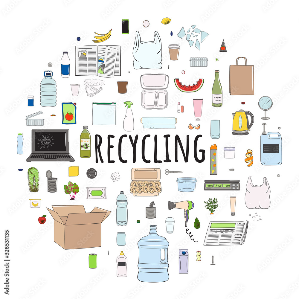 Set of sorted garbage in circle. Waste management