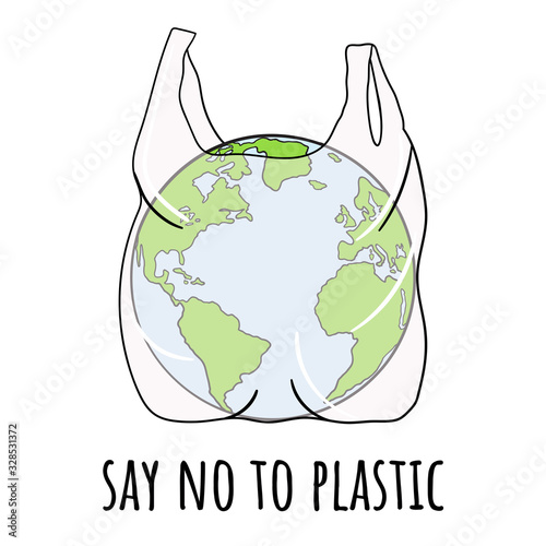 Say no to plastic bags. Planet Earth in polythene bag.