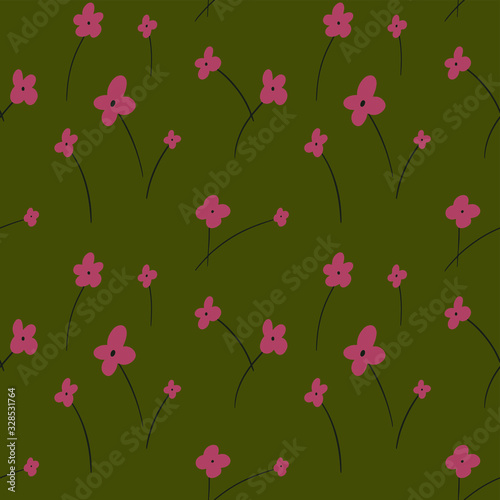 Vector seamless floristic pattern with primitive red  flowers on a stalk on a green isolated background. Use as wallpaper, wrapping paper, textile, clothing,  design, card