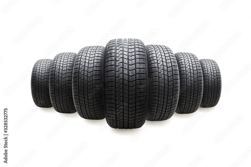 Line of car tires isolated on white background. Line of car tires isolated on white background.