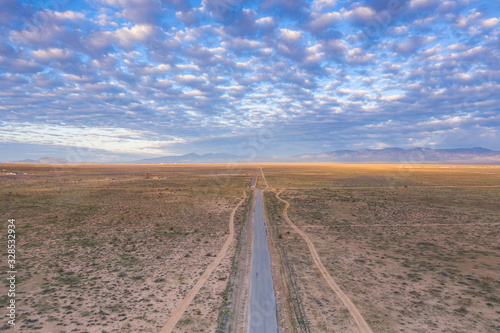 Aerial view of desert road in Mojave California