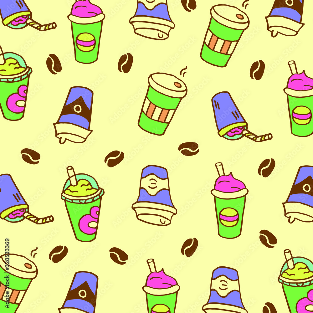 Doodle beige background with coffee cups, dessert cups with tubules and coffee beans.