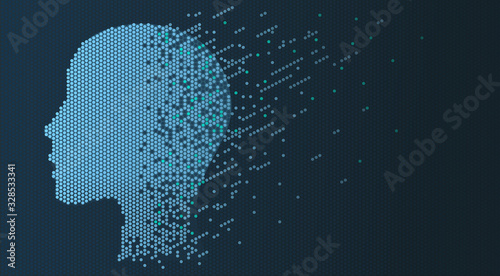 Human or robot digital head formed by pixels.