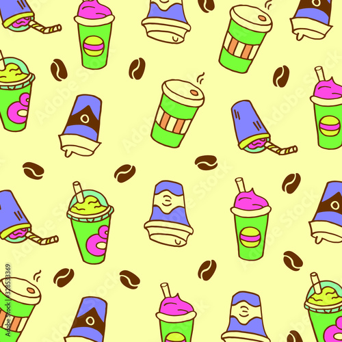 Doodle beige background with coffee cups, dessert cups with tubules and coffee beans.