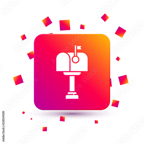 White Mail box icon isolated on white background. Mailbox icon. Mail postbox on pole with flag. Square color button. Vector Illustration