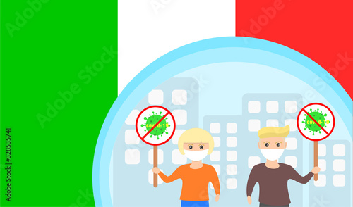 Man and woman holding stop corona virus, covid-19 sign on italy flag.