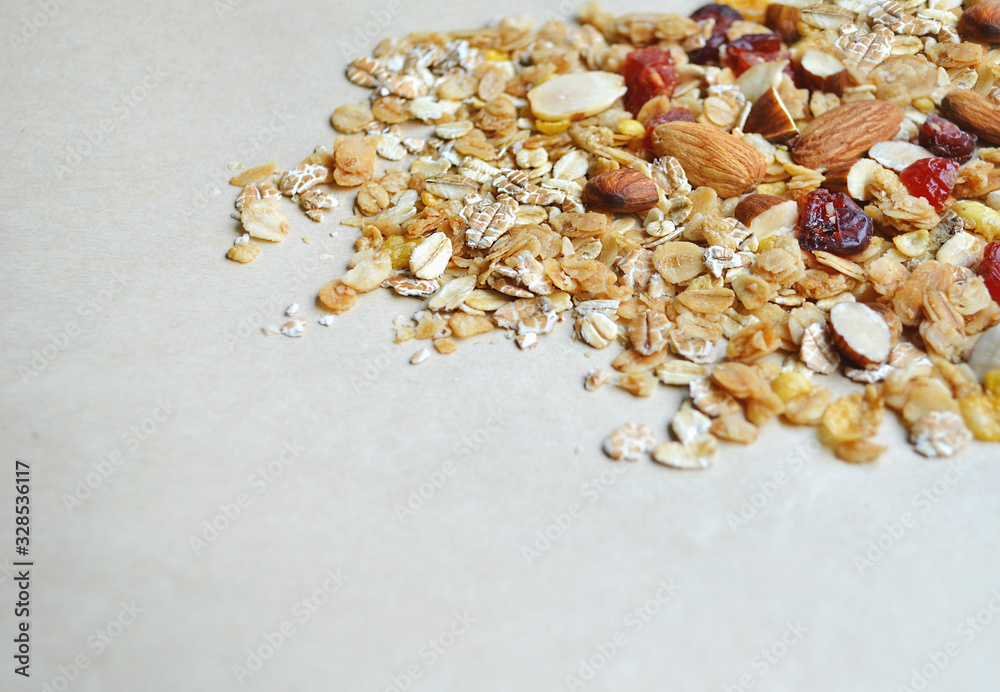 Muesli, granola healthy meal with dry raisin, nut, fruit, almond and cereal flake Muesli, granola healthy meal with dry raisin, nut, fruit, almond and cereal flake