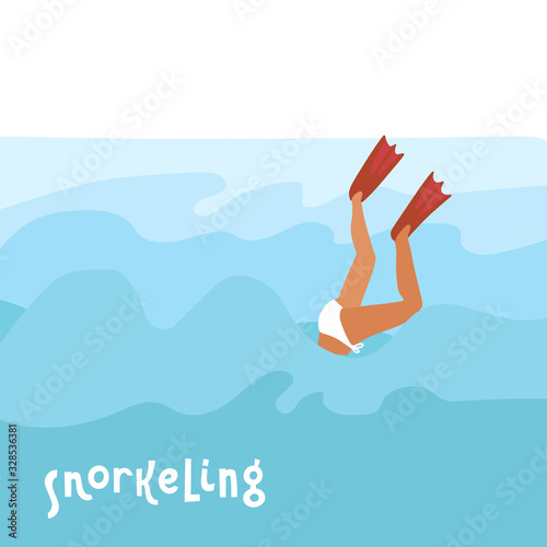 Flippers up! - Colorful cartoon flat vector style art with a diving woman in flippers and lettering quote Snorkeling. Sea snorkel. Flat hand drawn vector illustration.