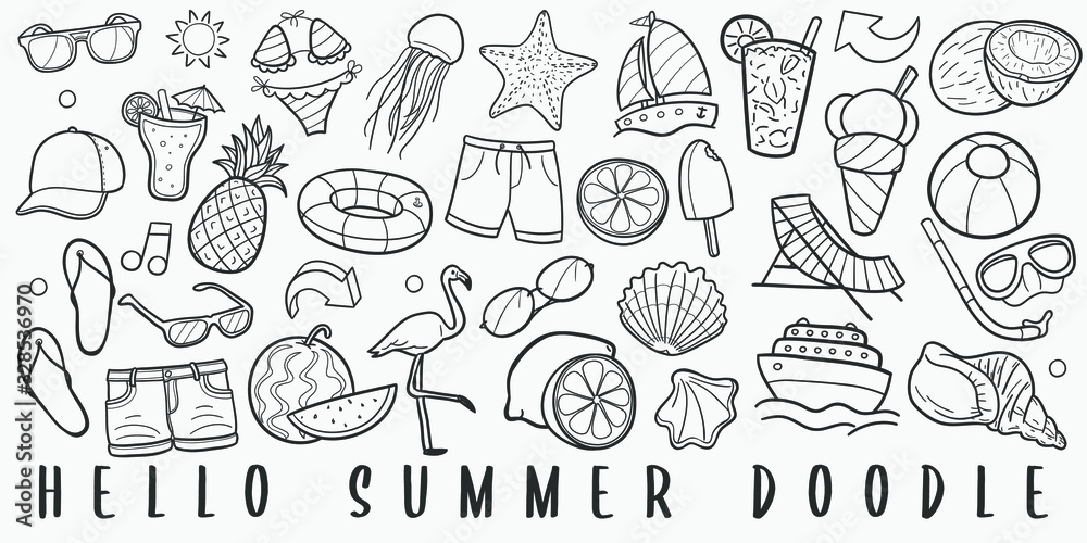 Hello Summer Doodle Line Art Illustration. Hand Drawn Vector Clip Art. Banner Set Logos.