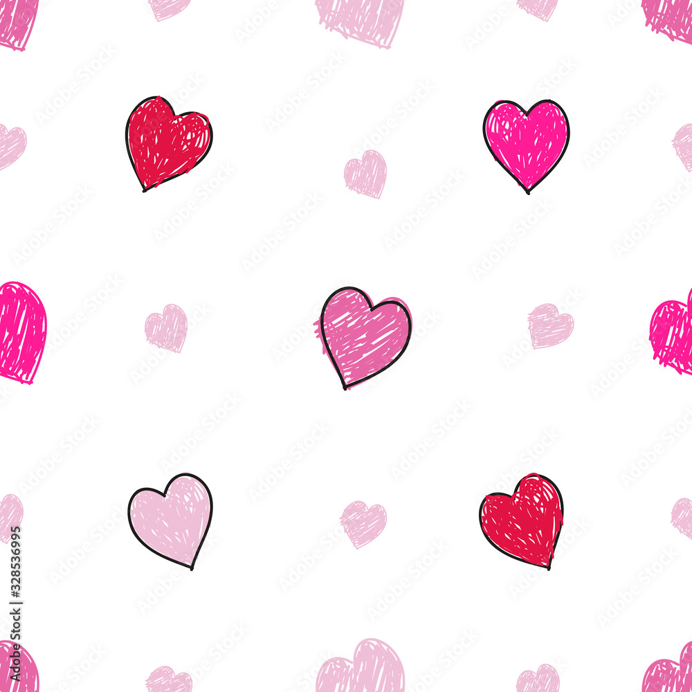 Doodle hand drawn hearts with pink and red colored. Valentine's Day, Mother's Day, Woman's Day, Mother's day Background. Seamless vector pattern for fabric design