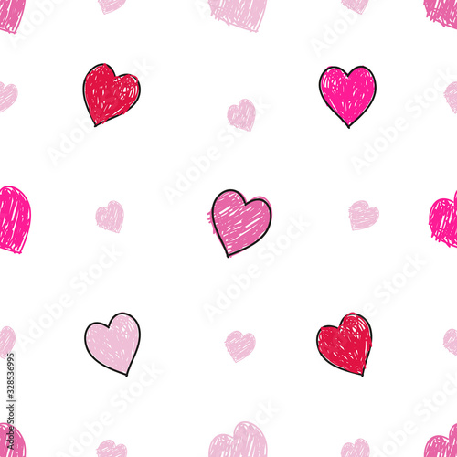 Doodle hand drawn hearts with pink and red colored. Valentine's Day, Mother's Day, Woman's Day, Mother's day Background. Seamless vector pattern for fabric design