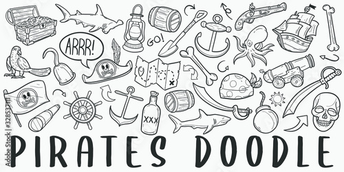 Pirate Adventure Doodle Line Art Illustration. Hand Drawn Vector Clip Art. Banner Set Logos.