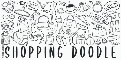 Shopping Doodle Line Art Illustration. Hand Drawn Vector Clip Art. Banner Set Logos.