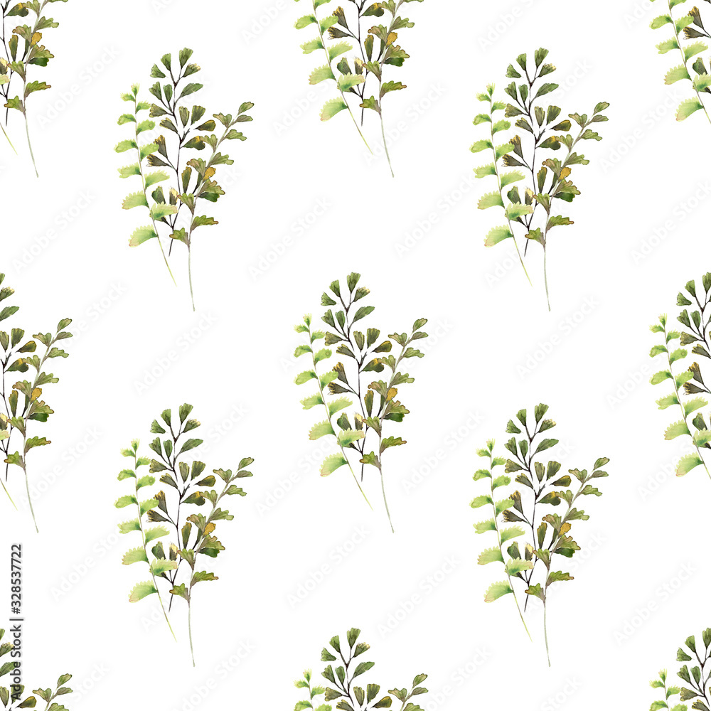 Naklejka Watercolor seamless pattern with spring Mimosa twigs and different decorative leaves