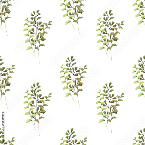 Watercolor seamless pattern with spring Mimosa twigs and different decorative leaves