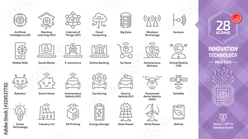 Innovation technology outline icon set with high tech digital smart future business editable stroke line symbols: artificial intelligence, machine learning, internet of things, sensors, mobile web.